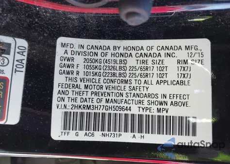 2016 Honda Cr-V Ex-L from USA, damaged, VIN 2HKRM3H77GH509644